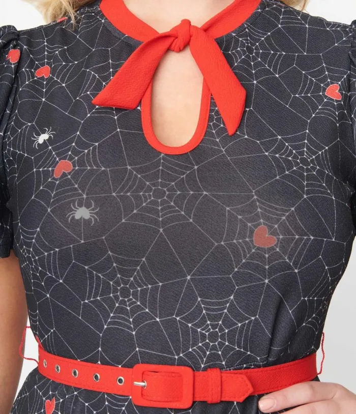 Black Spiderweb and Heart Print Flare Dress DressesHalloweenPlus Unique Vintage Dresses