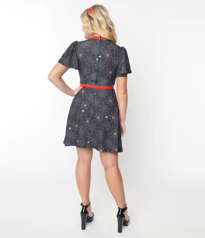 Black Spiderweb and Heart Print Flare Dress DressesHalloweenPlus Unique Vintage Dresses