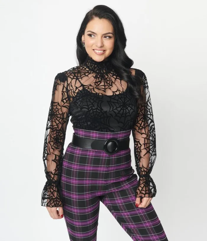 Black Spiderweb Flocked Donna Blouse Halloween Unique Vintage Tops