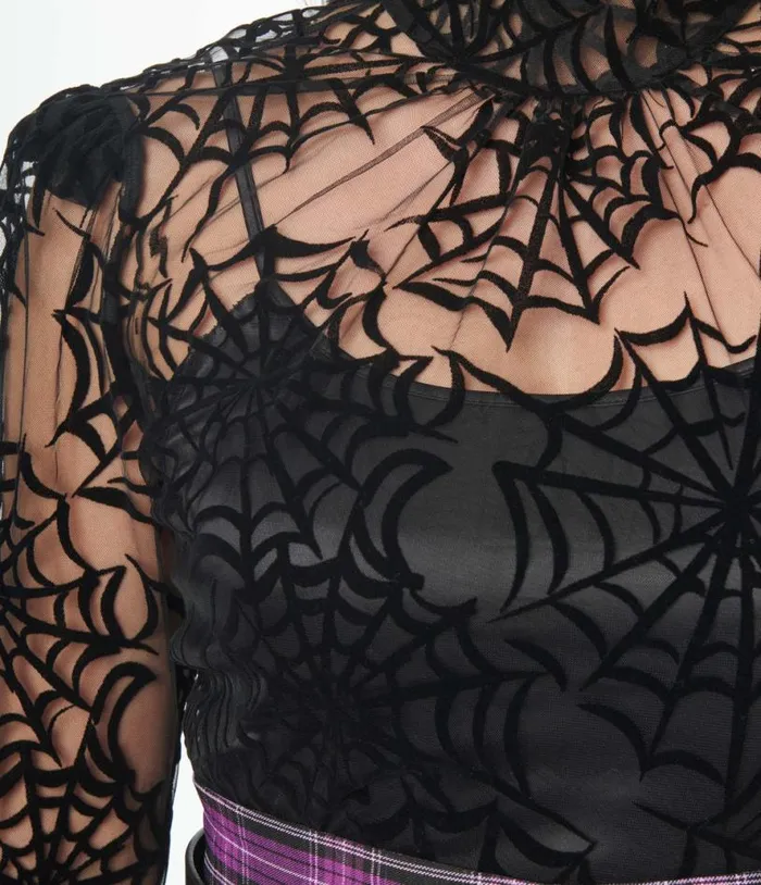 Black Spiderweb Flocked Donna Blouse Halloween Unique Vintage Tops