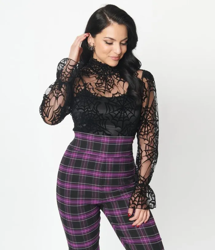 Black Spiderweb Flocked Donna Blouse Halloween Unique Vintage Tops