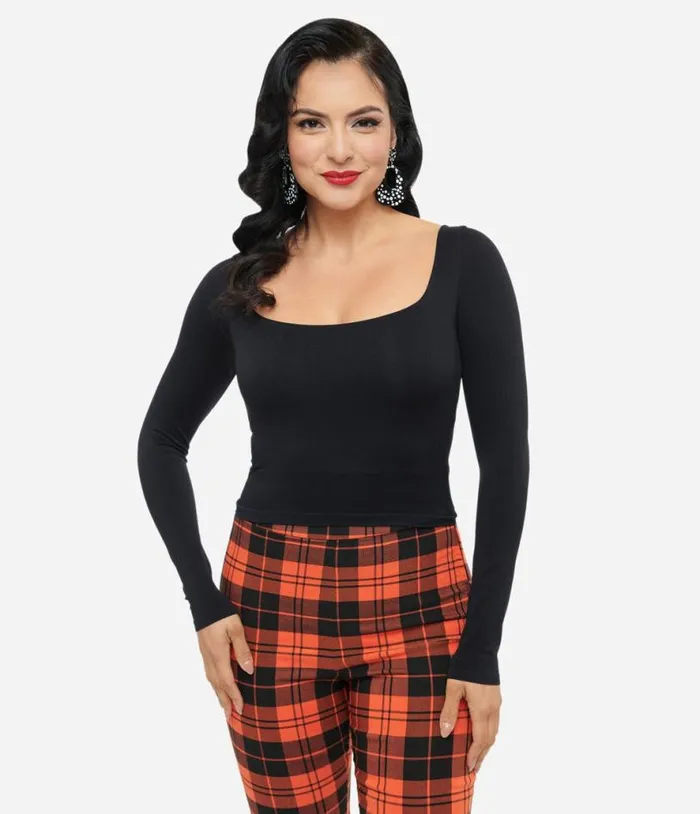 Black Square Neck Long Sleeve Top Clothing Unique Vintage Blouses