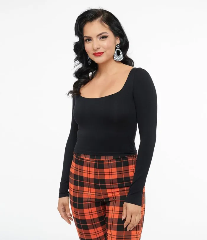 Black Square Neck Long Sleeve Top Clothing Unique Vintage Blouses