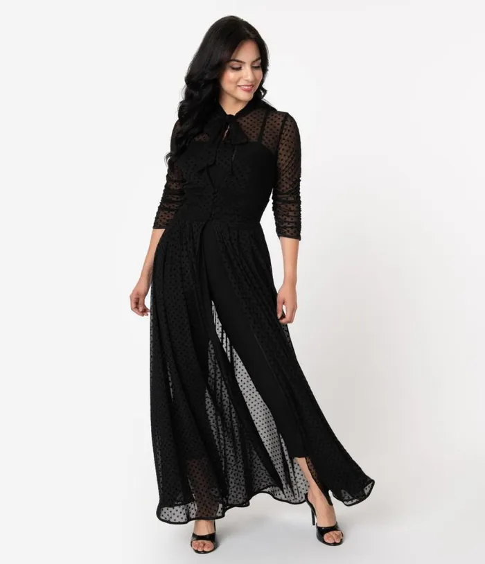 Black Swiss Dot Starlet Duster Dresses Unique Vintage Maxi