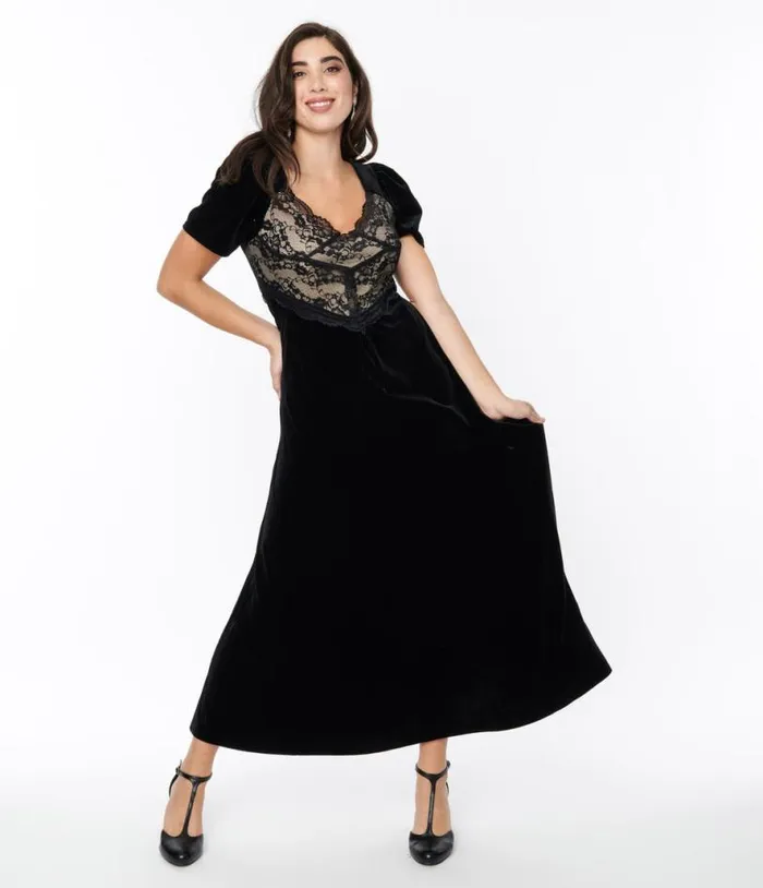 Black Velvet and Cream Lace Maxi Dress DressesPlus Unique Vintage Midi and Maxi