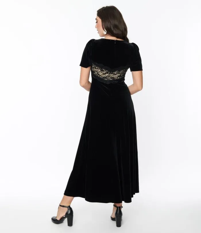 Black Velvet and Cream Lace Maxi Dress DressesPlus Unique Vintage Midi and Maxi