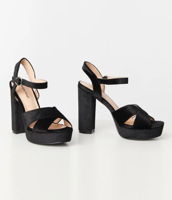 Black Velvet Platform Heels Shoes Unique Vintage Heels
