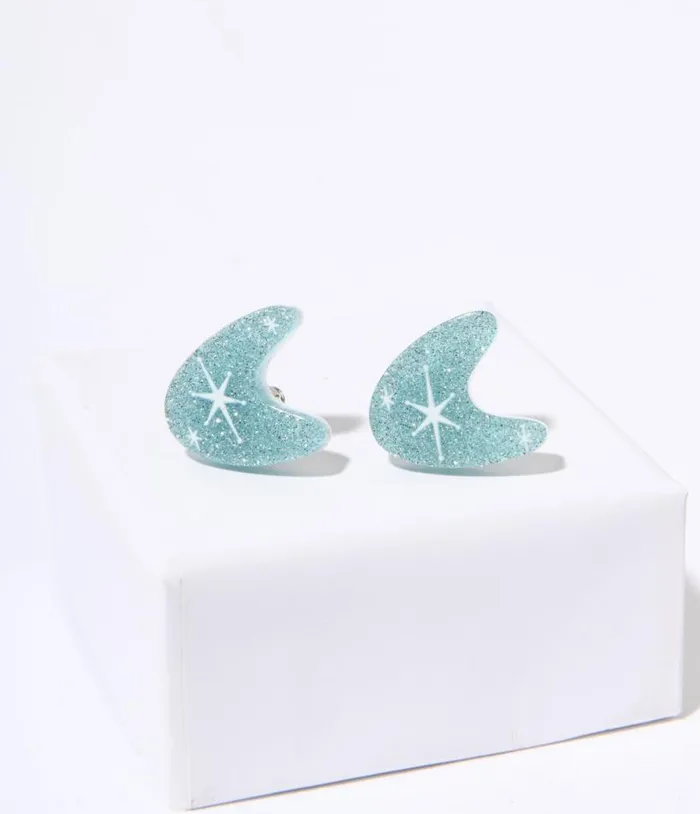 Blue Glitter Atomic Boomerang Stud Earrings Accessories Unique Vintage Earrings Blue Glitter Atomic Boomerang Stud Earrings Accessories Unique Vintage Earrings