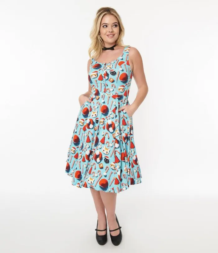 Blue Santa Kitty Print Swing Dress DressesPlus Unique Vintage Pocket Dresses