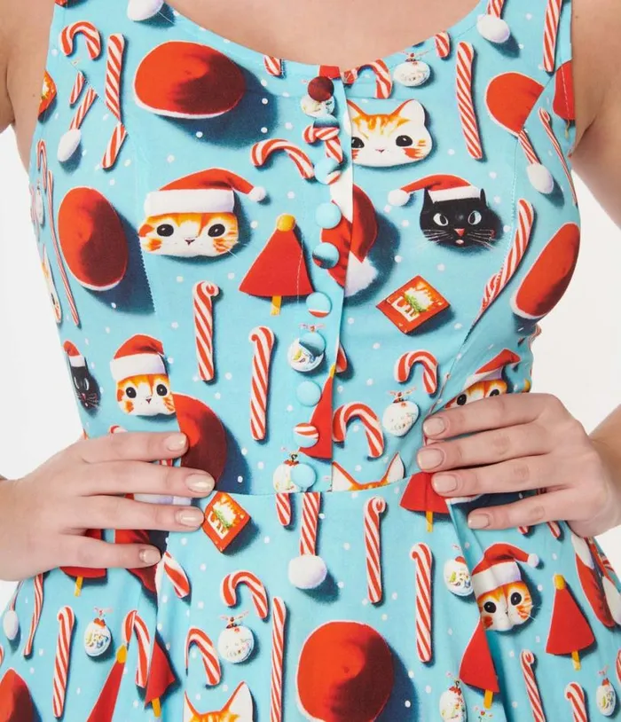 Blue Santa Kitty Print Swing Dress DressesPlus Unique Vintage Pocket Dresses