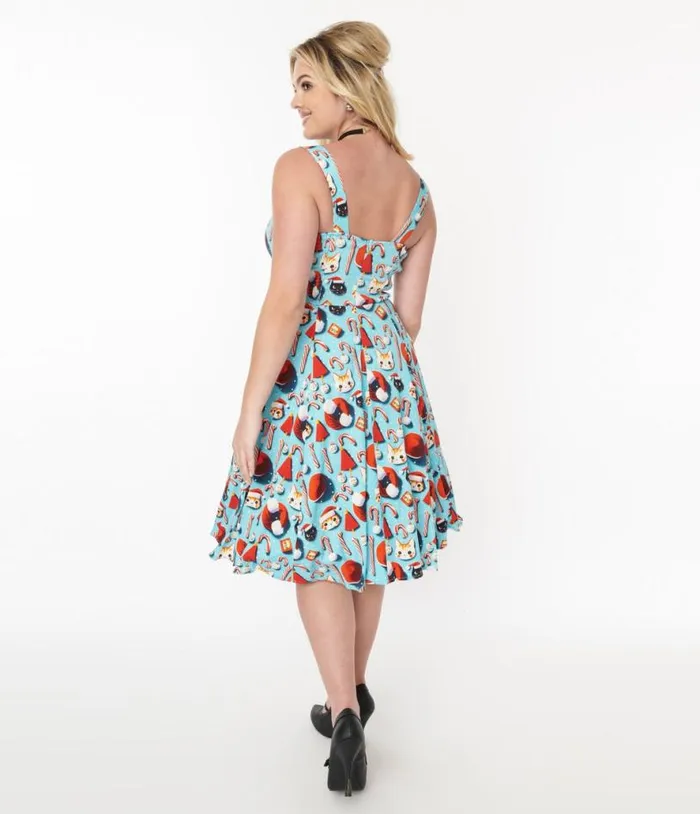 Blue Santa Kitty Print Swing Dress DressesPlus Unique Vintage Pocket Dresses
