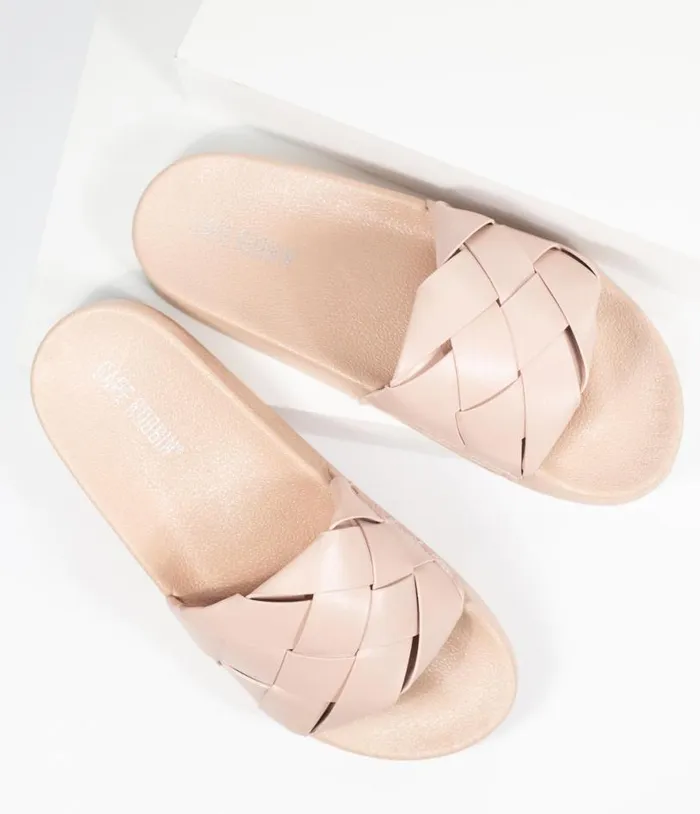 Blush Pink Leatherette Woven Slide Sandals Shoes Unique Vintage Flats