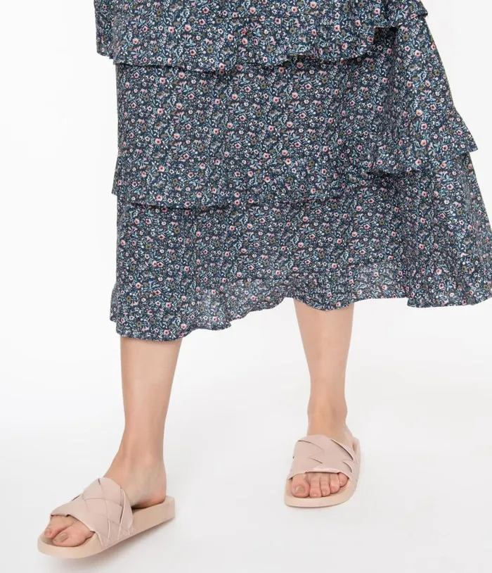 Blush Pink Leatherette Woven Slide Sandals Shoes Unique Vintage Flats