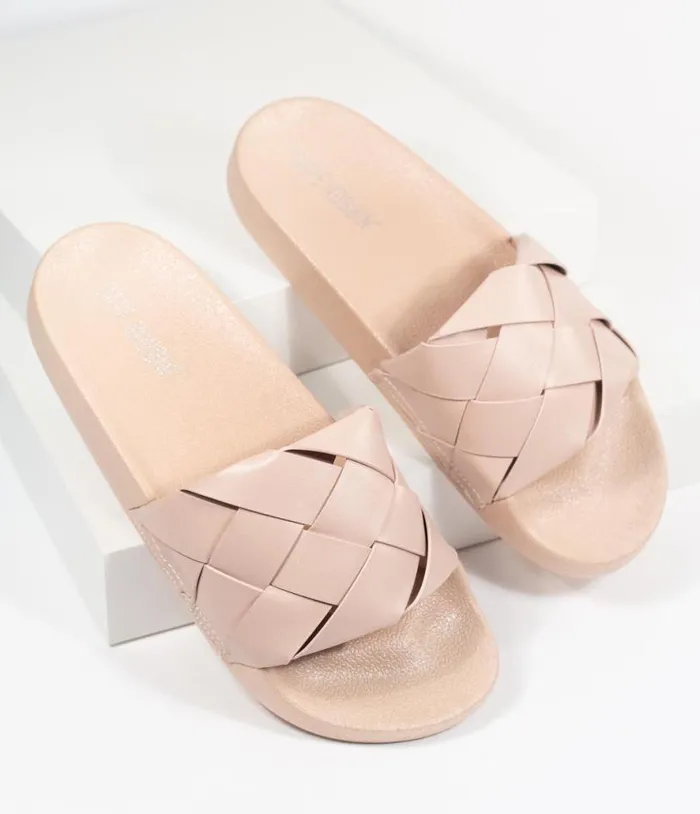 Blush Pink Leatherette Woven Slide Sandals Shoes Unique Vintage Flats
