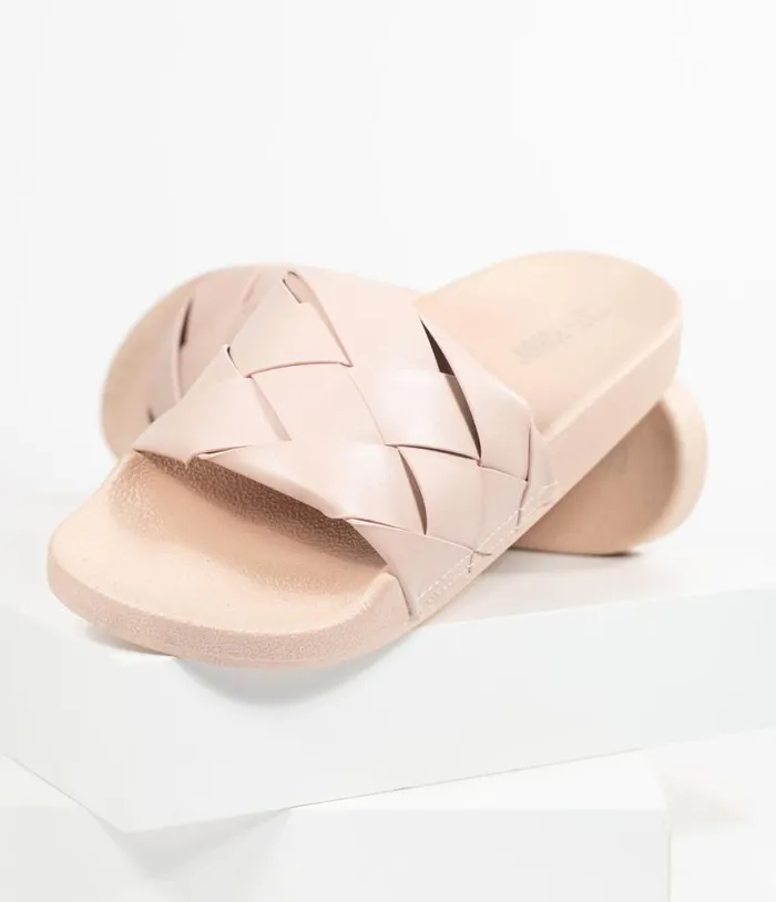 Blush Pink Leatherette Woven Slide Sandals Shoes Unique Vintage Flats