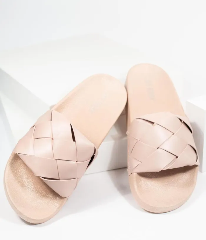 Blush Pink Leatherette Woven Slide Sandals Shoes Unique Vintage Flats