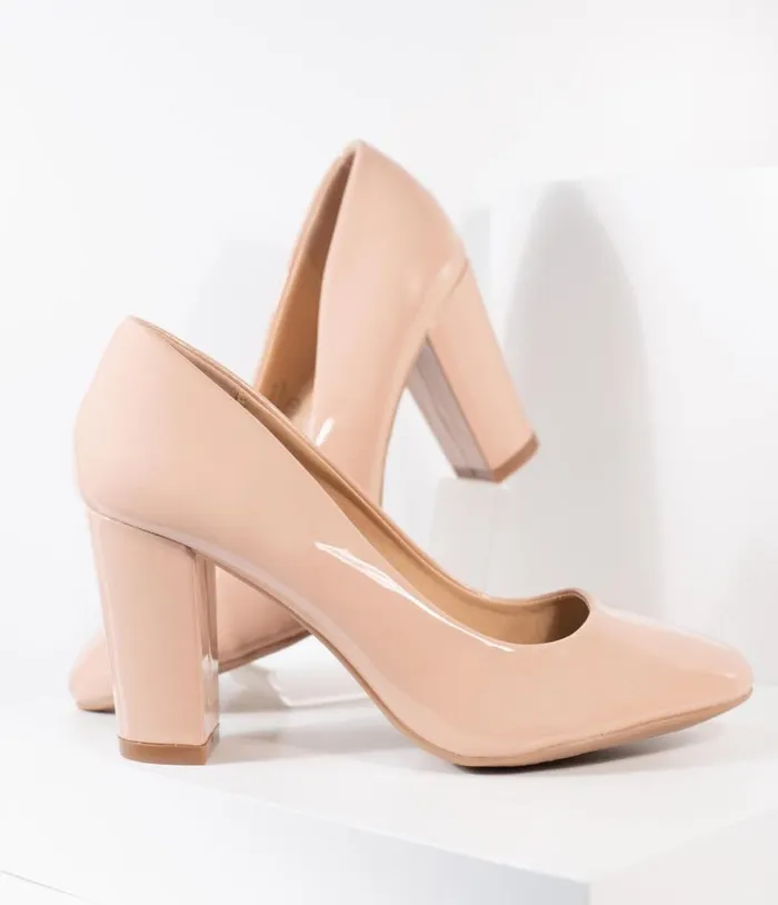 Blush Pink Patent Leatherette Block Heel Pumps Shoes Unique Vintage Heels