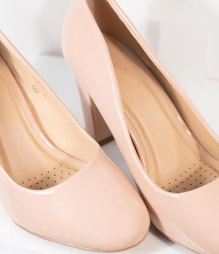 Blush Pink Patent Leatherette Block Heel Pumps Shoes Unique Vintage Heels