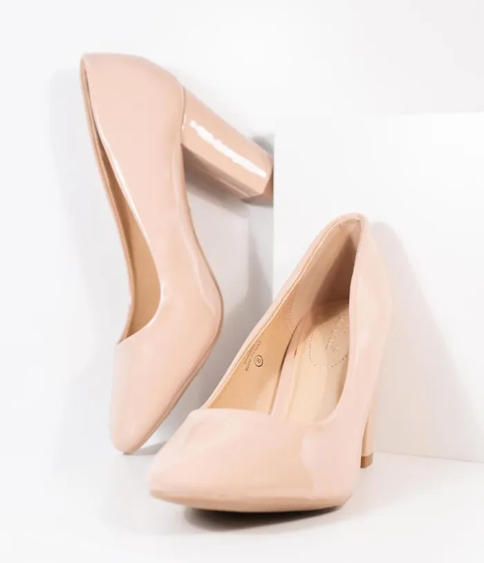 Blush Pink Patent Leatherette Block Heel Pumps Shoes Unique Vintage Heels