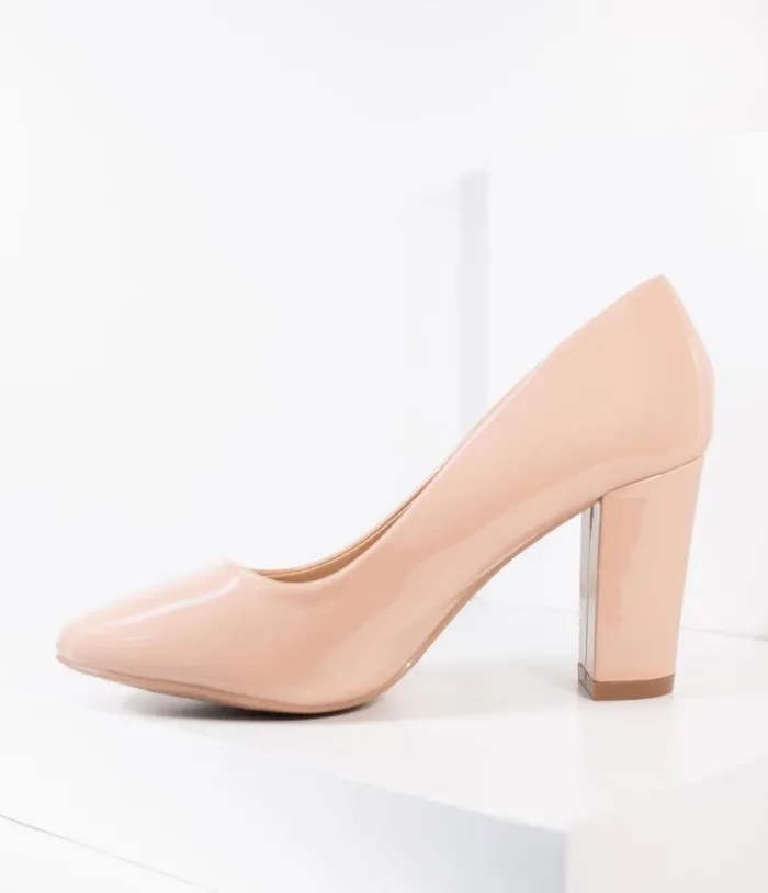 Blush Pink Patent Leatherette Block Heel Pumps Shoes Unique Vintage Heels