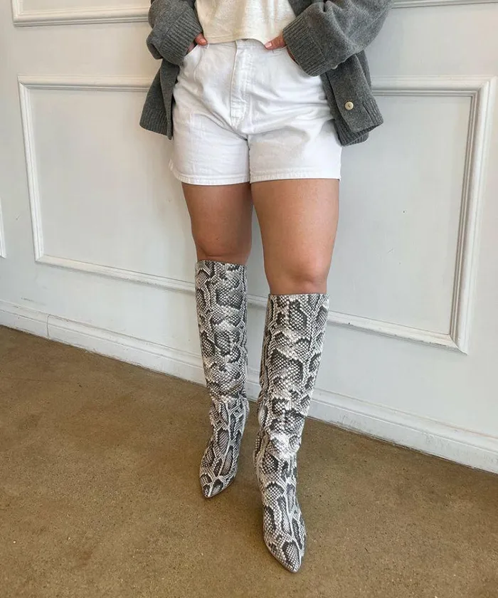 Boots and Booties Shop Dolce Vita Haze Boot Black White Embossed Snake Boots Tall Kitten Heel Boots Black White Embossed Snake