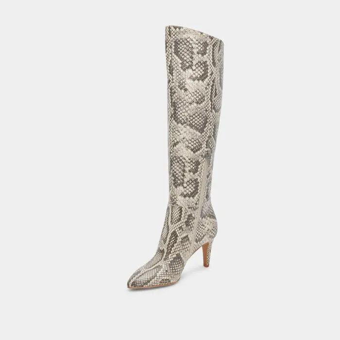 Boots and Booties Shop Dolce Vita Haze Boot Black White Embossed Snake Boots Tall Kitten Heel Boots Black White Embossed Snake