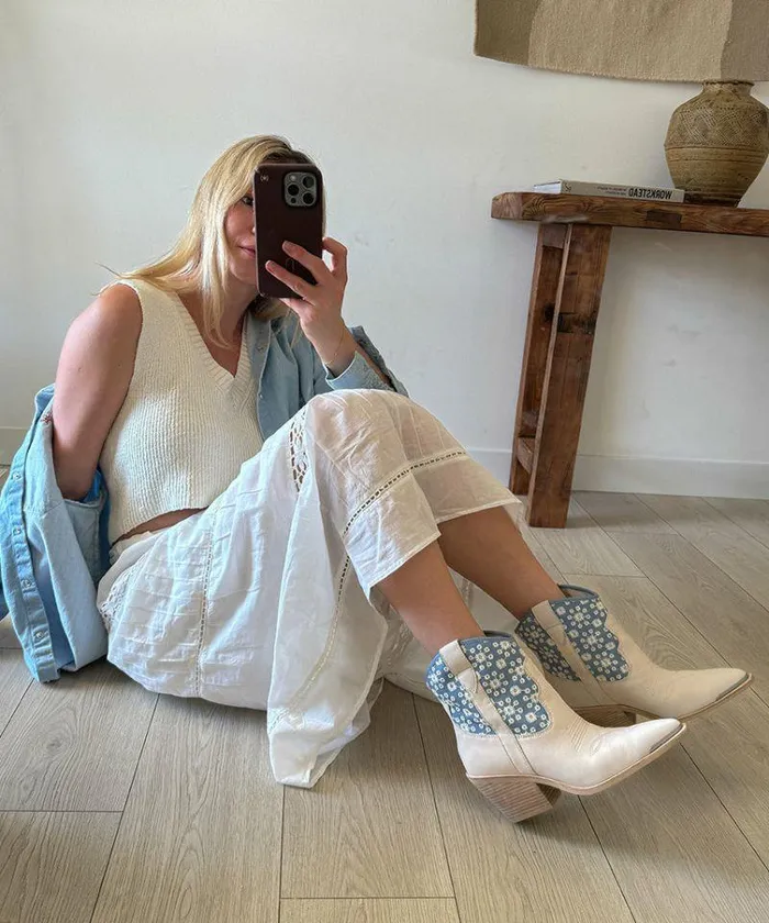 Boots and Booties Shop Dolce Vita Nashe Booties Blue Floral Nubuck Blue Floral Nubuck