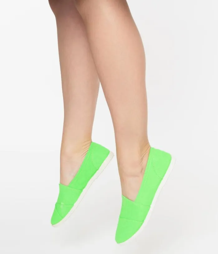Bright Green Canvas Casual Loafer Flats Shoes Unique Vintage Flats