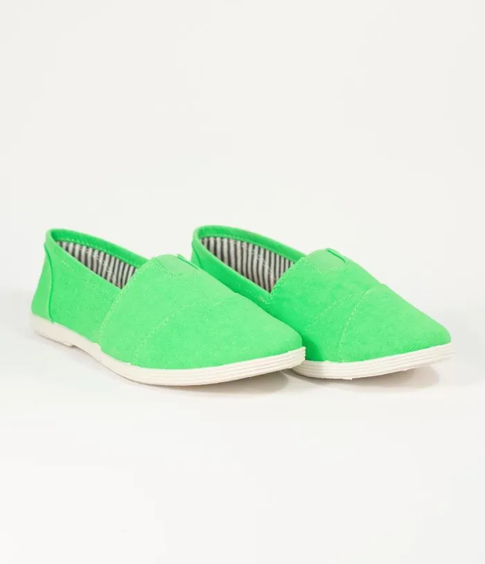 Bright Green Canvas Casual Loafer Flats Shoes Unique Vintage Flats