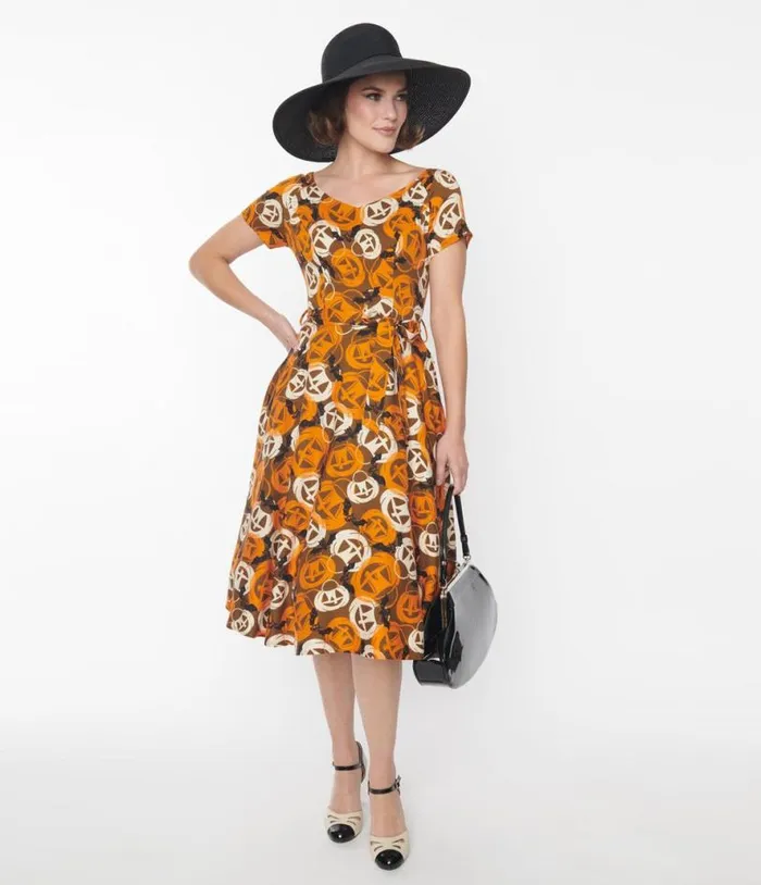 Brown and Orange Pumpkins Bella Swing Dress DressesHalloweenPlus Unique Vintage Pocket Dresses Brown and Orange Pumpkins Bella Swing Dress DressesHalloweenPlus Unique Vintage Pocket Dresses