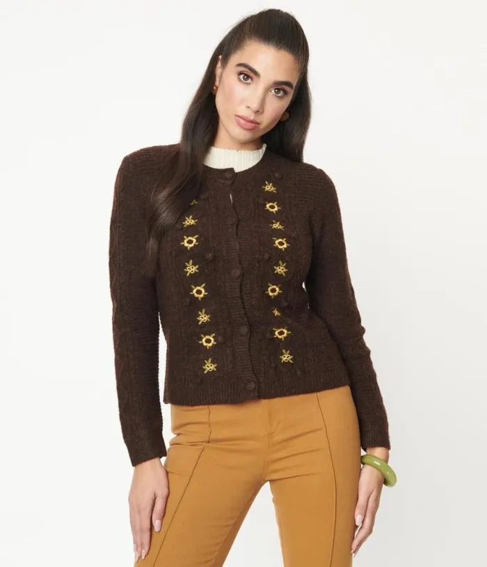 Brown and Sunflowers Cardigan Clothing Unique Vintage Sweaters and Cardigans