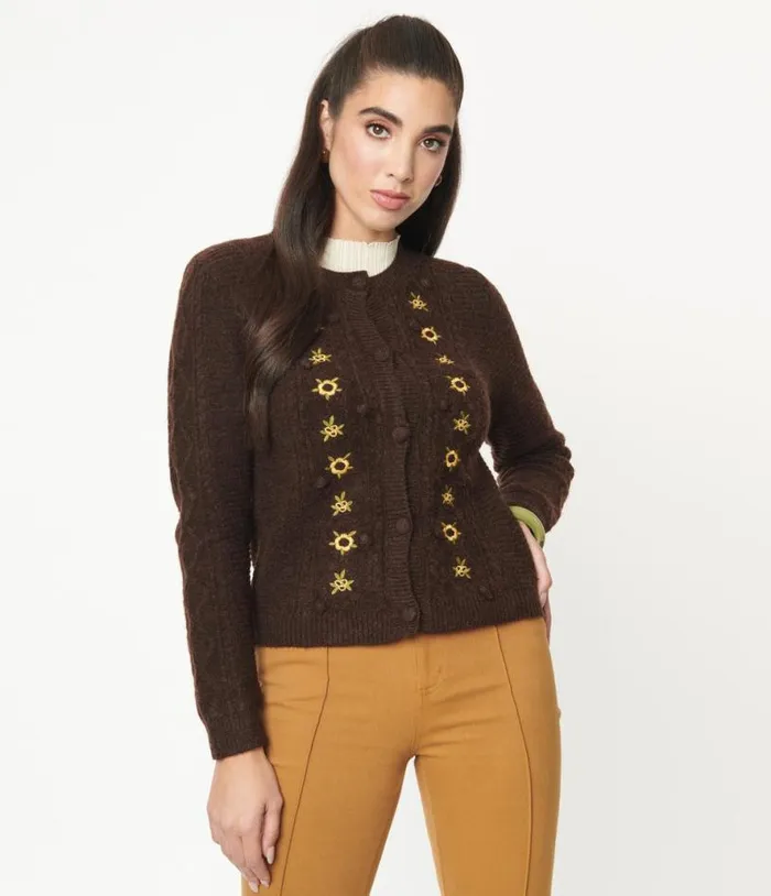 Brown and Sunflowers Cardigan Clothing Unique Vintage Sweaters and Cardigans
