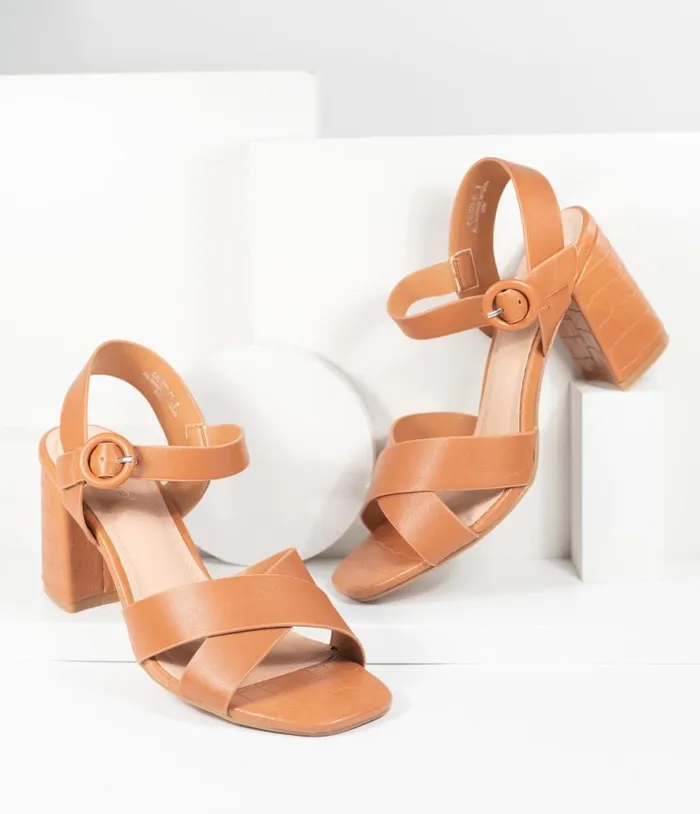 Brown Crocodile Embossed Leatherette Heel Sandals Shoes Unique Vintage Sandals Brown Crocodile Embossed Leatherette Heel Sandals Shoes Unique Vintage Sandals
