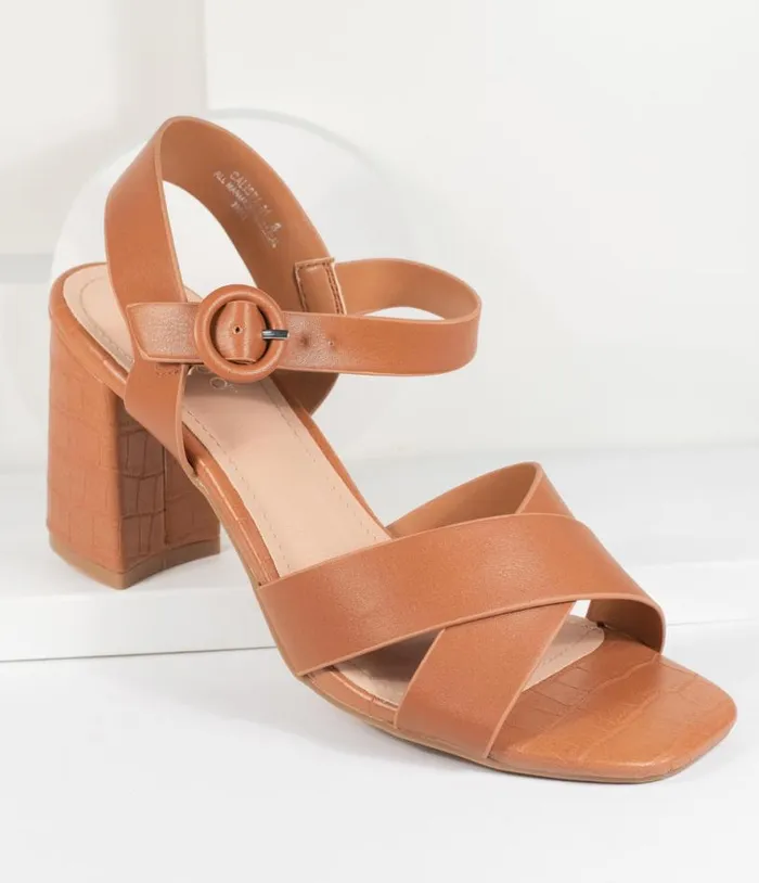 Brown Crocodile Embossed Leatherette Heel Sandals Shoes Unique Vintage Sandals