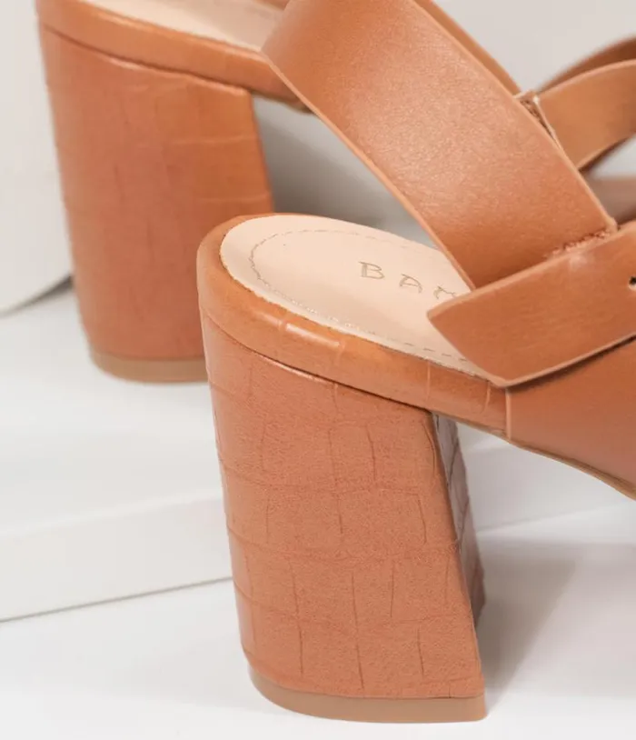 Brown Crocodile Embossed Leatherette Heel Sandals Shoes Unique Vintage Sandals