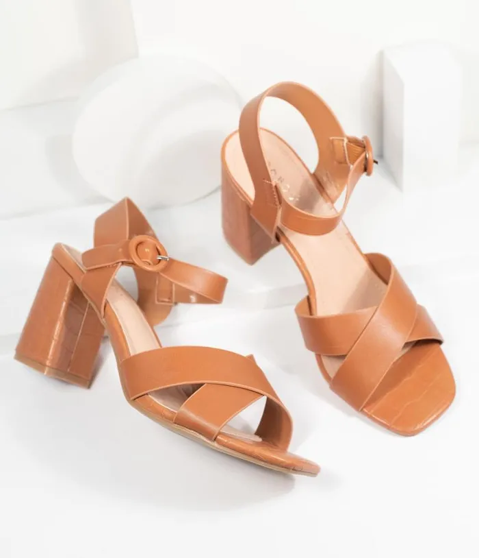 Brown Crocodile Embossed Leatherette Heel Sandals Shoes Unique Vintage Sandals