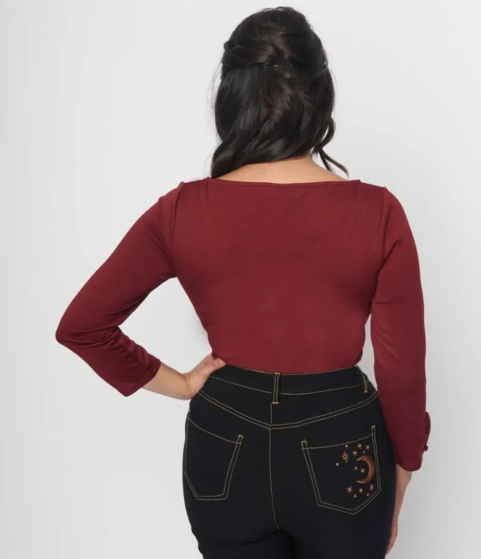 Burgundy and Bat Cutout Gracie Top Halloween Unique Vintage Tops