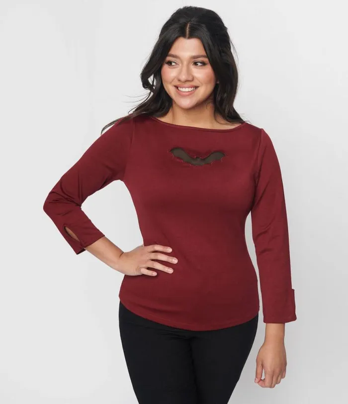 Burgundy and Bat Cutout Gracie Top Halloween Unique Vintage Tops