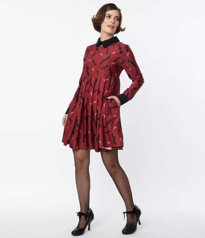Burgundy and Black Bats Baby Doll Dress DressesHalloweenPlus Unique Vintage Pocket Dresses