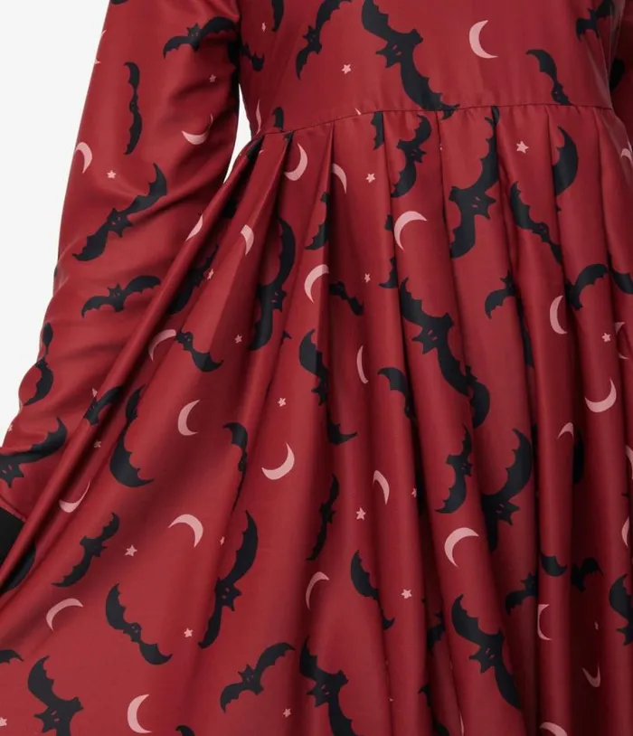 Burgundy and Black Bats Baby Doll Dress DressesHalloweenPlus Unique Vintage Pocket Dresses