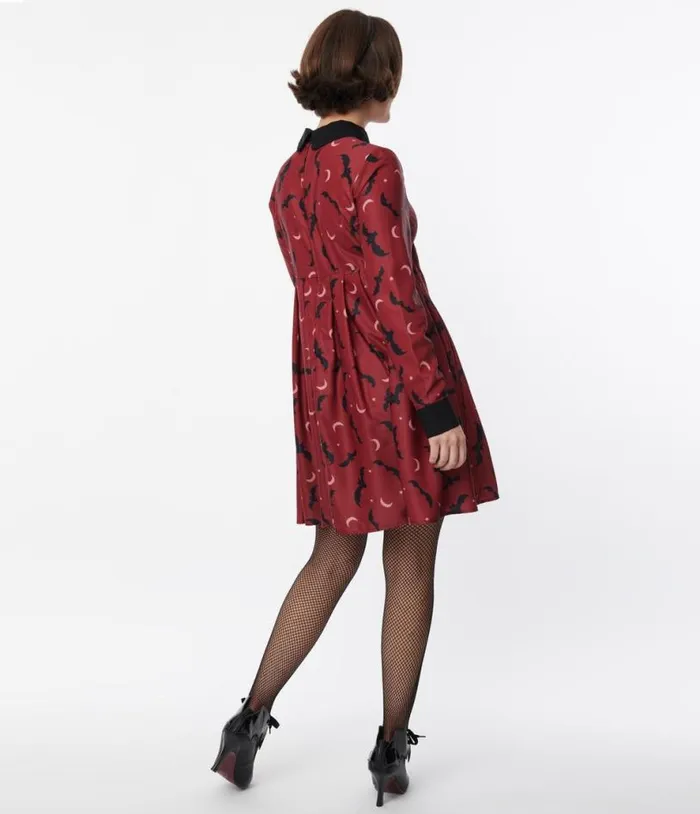 Burgundy and Black Bats Baby Doll Dress DressesHalloweenPlus Unique Vintage Pocket Dresses