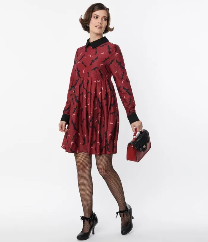 Burgundy and Black Bats Baby Doll Dress DressesHalloweenPlus Unique Vintage Pocket Dresses