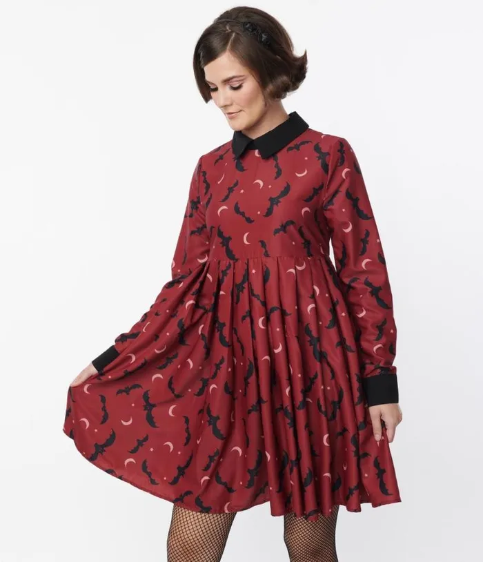 Burgundy and Black Bats Baby Doll Dress DressesHalloweenPlus Unique Vintage Pocket Dresses