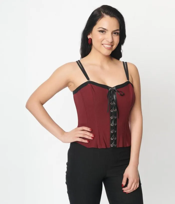 Burgundy and Black Corset Top Halloween Unique Vintage Tops