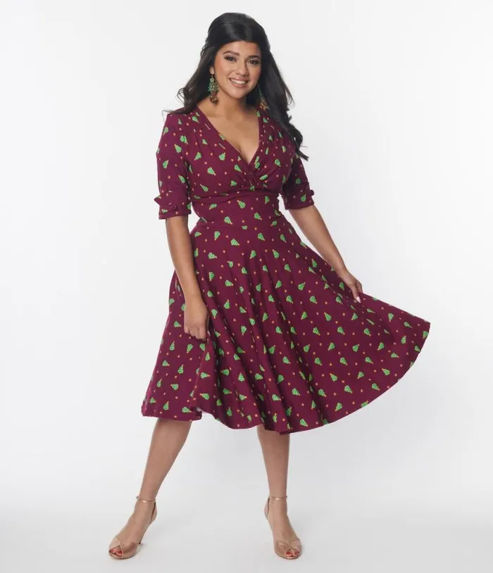Burgundy and Christmas Tree Delores Swing Dress DressesPlus Unique Vintage Swing Burgundy and Christmas Tree Delores Swing Dress DressesPlus Unique Vintage Swing
