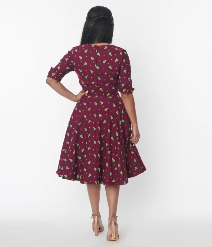 Burgundy and Christmas Tree Delores Swing Dress DressesPlus Unique Vintage Swing