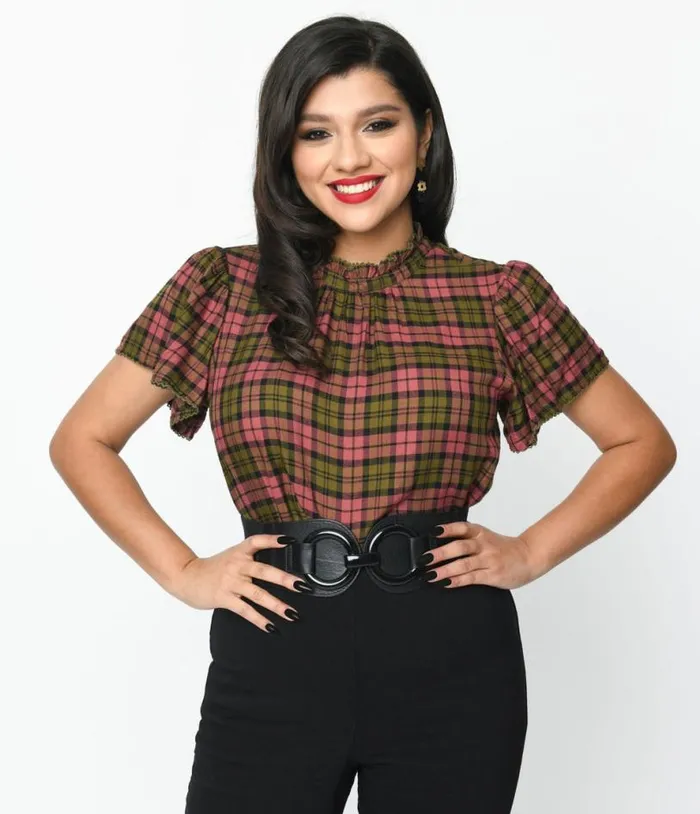 Burgundy and Green Plaid Charlotte Top Clothing Unique Vintage Blouses