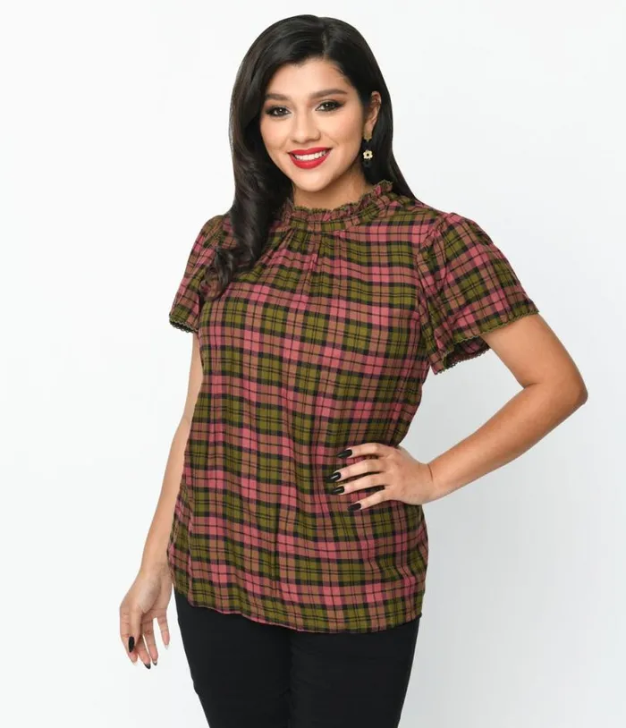 Burgundy and Green Plaid Charlotte Top Clothing Unique Vintage Blouses
