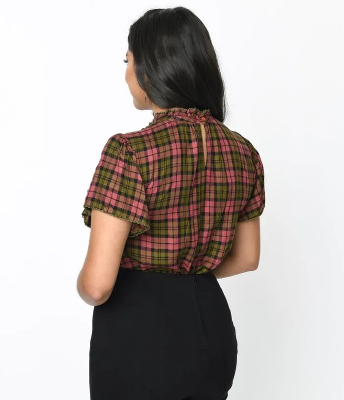 Burgundy and Green Plaid Charlotte Top Clothing Unique Vintage Blouses