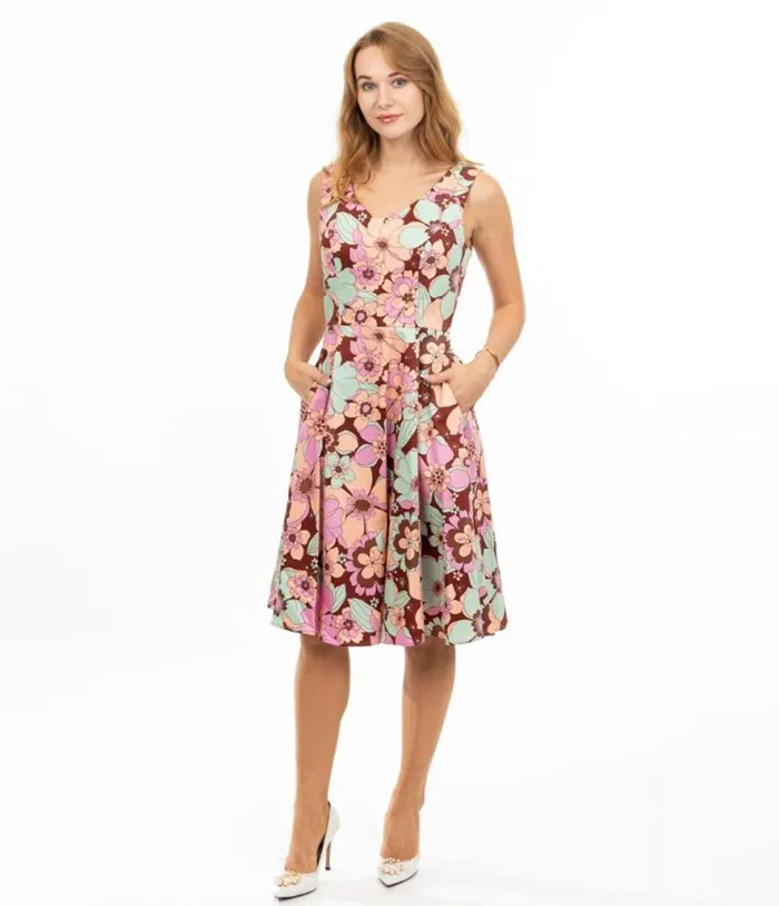 Burgundy and Pastel Florals Swing Dress DressesPlus Unique Vintage Pocket Dresses